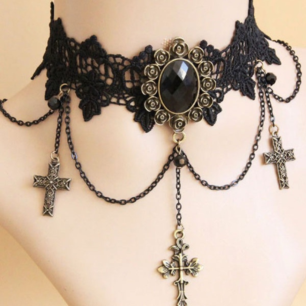 Black Lace Choker with Cross Charms